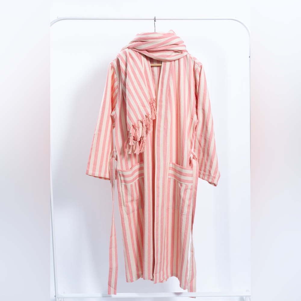 Eastern Woven Turkish Linen Pink & White Striped Robe - Size S/M